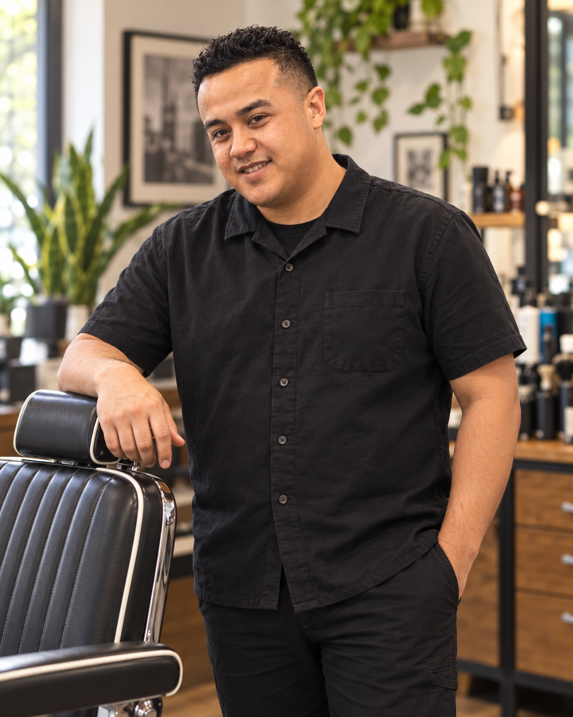 Portrait of Esteban Sotelo in a barbershop